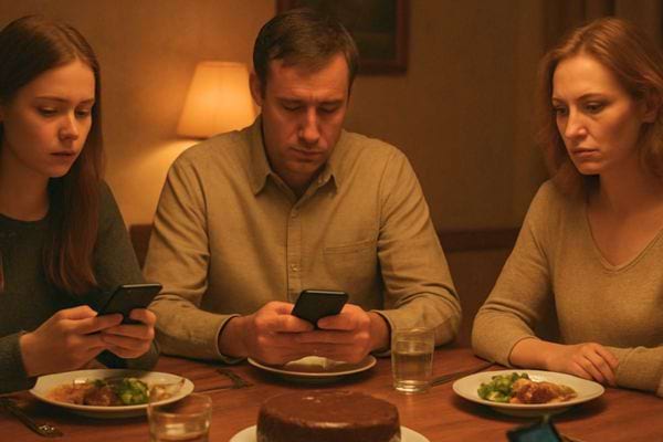 parents et adolescente a table regardant leurs telephones pendant le repas creant une atmosphere distante