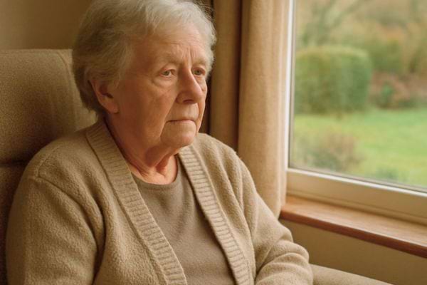 une femme agee est assise pres dune fenetre observant lexterieur dans le silence