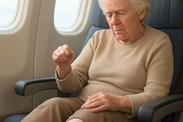 Femme senior assise dans un avion, regardant ses mains, evoquant l anxiete ou la reflection pendant un voyage.