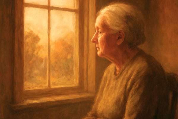 Une femme agee assise regarde par la fenetre avec un air pensif baignee par une lumiere douce.