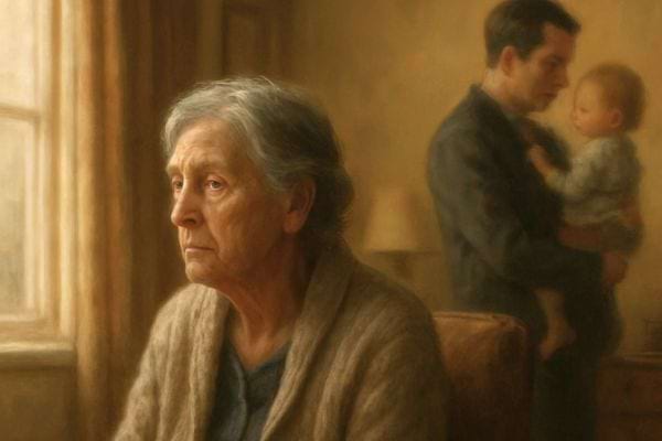 Une femme agee regarde devant elle pendant qu un homme tient un bebe a l arriere plan.