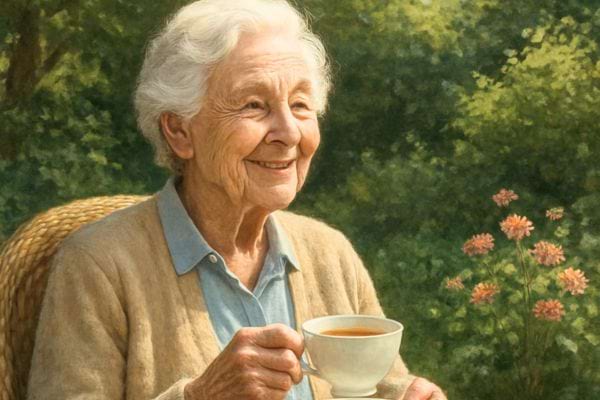 femme agee souriante assise dehors tenant une tasse de boisson chaude dans un jardin verdoyant et fleuri