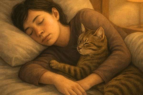 Une femme dort en tenant son chat contre elle dans un lit sous une lumiere douce et rassurante