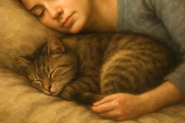 Une femme et son chat dorment ensemble serrés l un contre l autre dans une ambiance calme