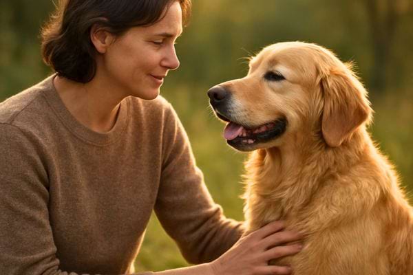 Une femme caresse un golden retriever souriant dans un jardin baigné de lumière douce.