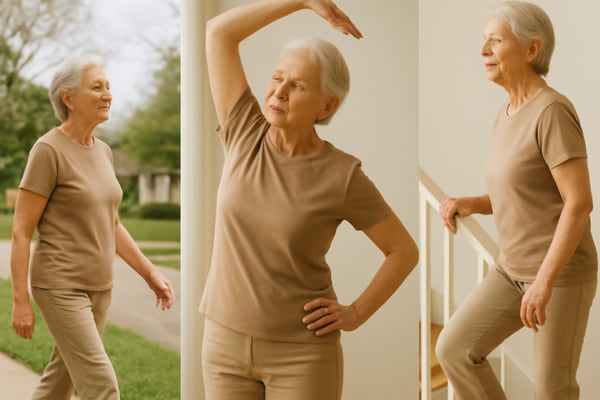 Une femme effectue trois mouvements doux : marche, étirement latéral et pas actif, illustrant une routine simple.