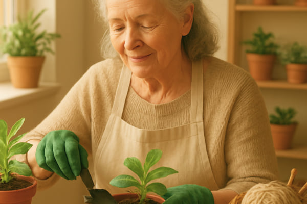 Une femme souriante rempote une jeune plante avec des gants verts, concentrée sur son travail de jardinage.