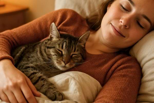 Une femme sourit les yeux fermes pendant que son chat dort blotti contre sa poitrine