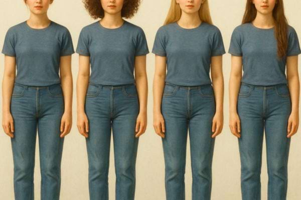 Quatre femmes alignees portent les memes vetements mais affichent des cheveux et morphologies legerement differentes.