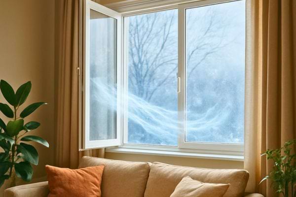 Fenetre entrouverte laissant passer de lair froid visible dans un salon avec canape.
