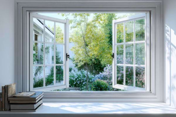 Fenetre blanche ouverte sur un jardin vert laissant entrer lumiere naturelle et air frais.