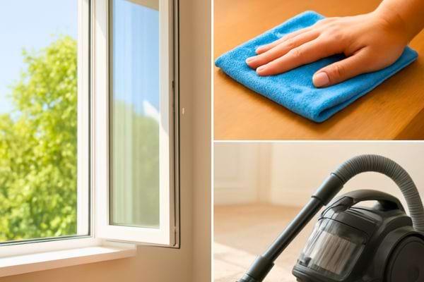 Fenetre ouverte avec une main qui depoussiere et un aspirateur pret pour nettoyer.