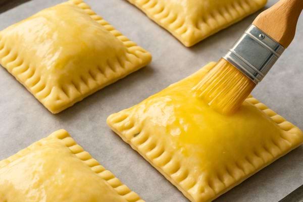 Carrés de pâte feuilletée badigeonnés de dorure avant cuisson.