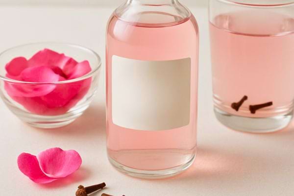 Bouteille rosee accompagnee de petales de rose et clous de girofle avec verre assorti