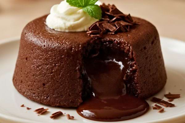 Fondant au chocolat ouvert laissant couler un coeur fondant servi avec chantilly.