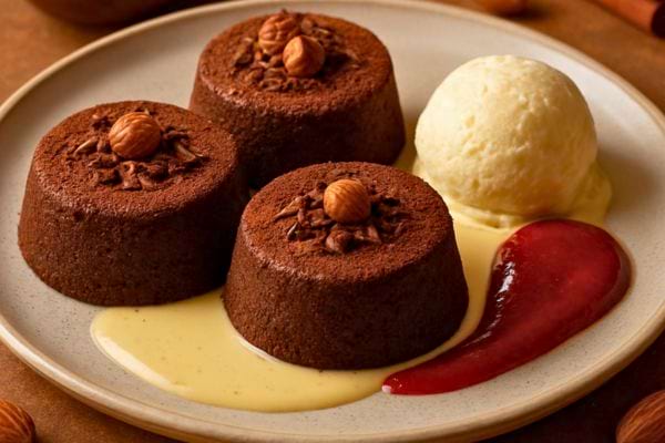 Trois fondants au chocolat accompagnes d une boule de glace vanille et coulis rouge.