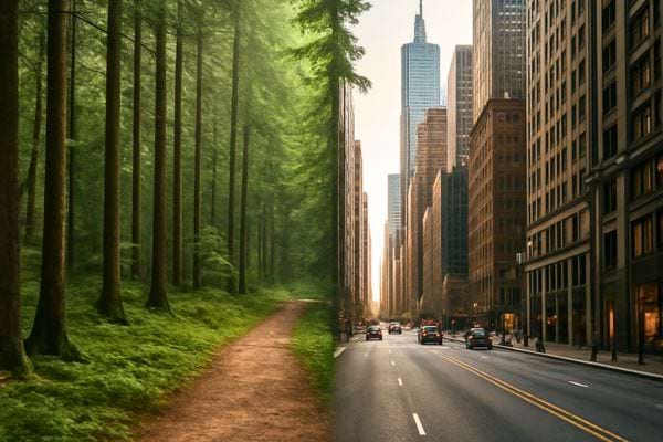 Chemin forestier fusionnant avec une grande avenue urbaine montrant le contraste entre nature apaisante et ville moderne animée.