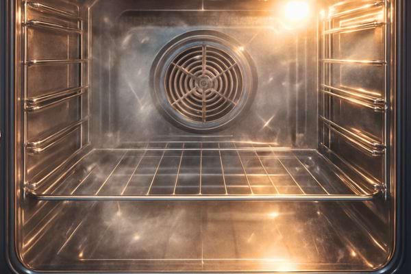 Un four propre et vide est illumine de l’interieur, montrant des parois brillantes et une grille metallique.