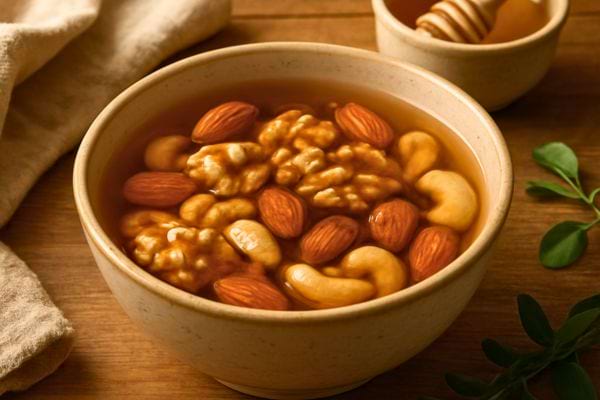 bol rempli de noix amandes et noix de cajou trempant dans une preparation liquide