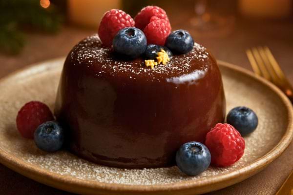 Petit gateau au chocolat glace servi sur une assiette avec framboises et myrtilles en decoration.