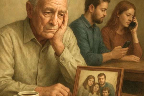 homme age pensif tenant une photo de famille tandis que des adultes derriere utilisent leurs telephones