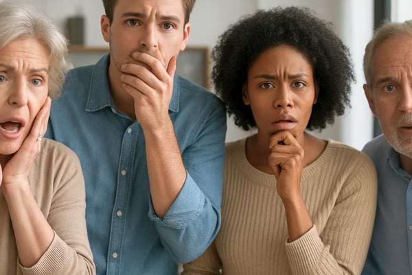 Un groupe de personnes reagit avec stupeur et inquietude, montrant surprise et incomprehension devant une nouvelle.