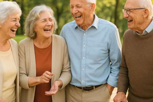 Quatre seniors rient ensemble en extérieur, partageant un moment de complicité et de bonne humeur.