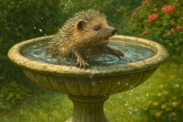 Un herisson prend un bain dans une petite fontaine en pierre au milieu d un jardin.