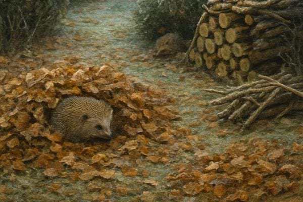 Un herisson se repose partiellement cache sous des feuilles mortes pres de branches et de buches empilees.