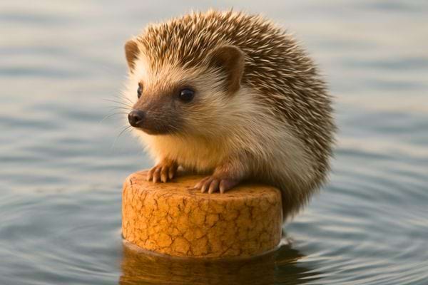 Un herisson est pose en equilibre sur un bouchon en liege flottant sur l eau calme.