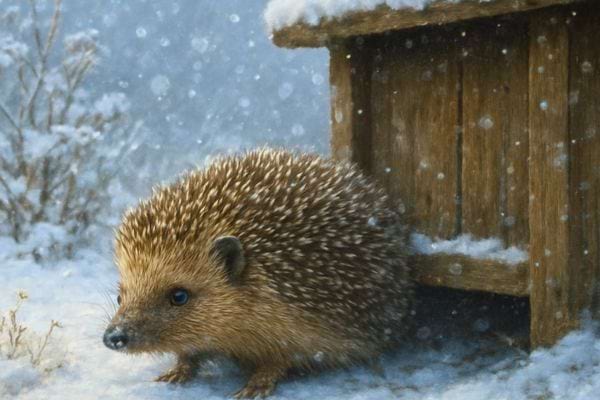 Un herisson marche dans la neige pres d un petit abri en bois pendant une chute de flocons.