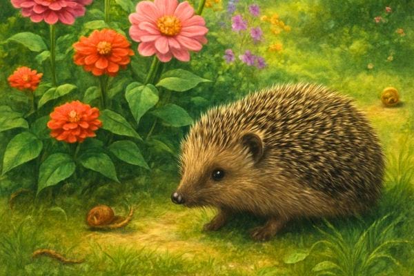 Un herisson avance dans un jardin verdoyant entoure de fleurs colorees et d herbe sous une lumiere douce.