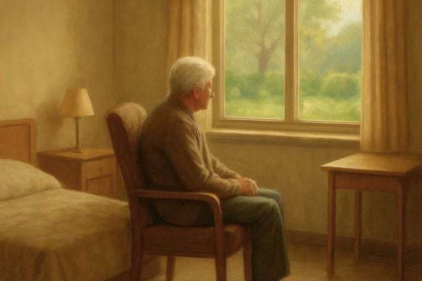 un homme age est assis sur une chaise dans une chambre simple face a une grande fenetre