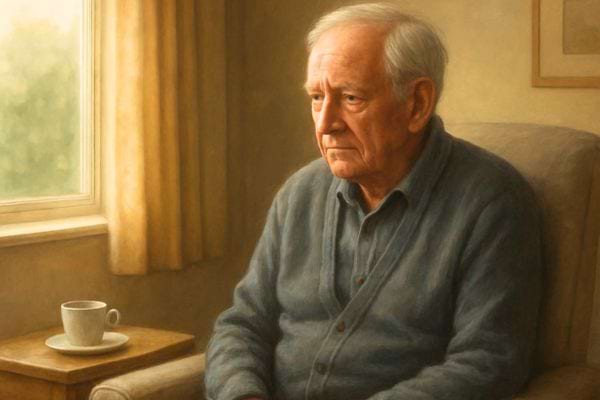 un homme age assis pres dune table avec une tasse regarde la lumiere entrer par la fenetre