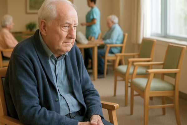 un homme age assis seul dans une salle commune avec des soignants en arriere plan