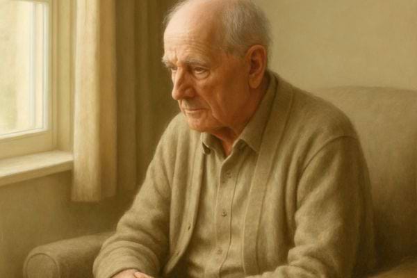 un homme age assis dans un fauteuil regarde par la fenetre avec une expression melancolique