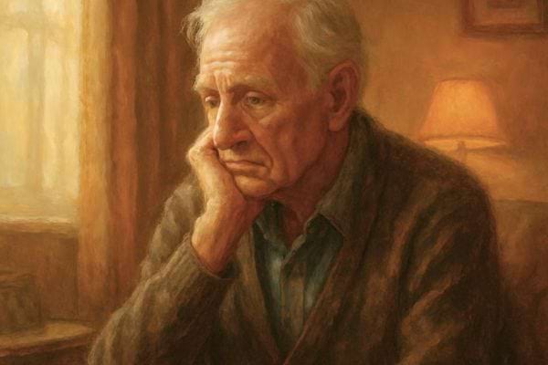 portrait dun homme age appuye sur sa main exprimant tristesse solitude et reflexion