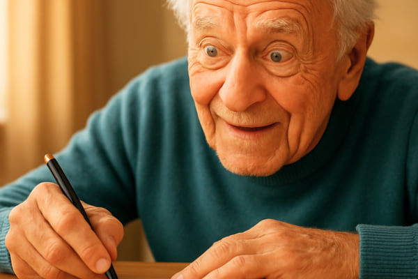Un homme souriant écrit tandis qu’un cerveau géant flotte à côté de lui, symbolisant la créativité ou la mémoire.