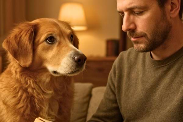 Un homme observe son chien attentivement dans une ambiance intérieure chaleureuse et tamisée.