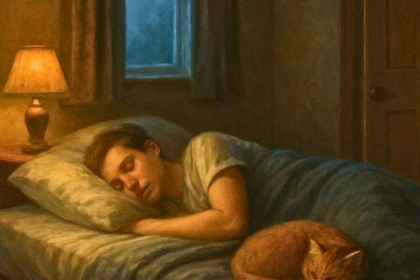 Un homme dort paisiblement dans son lit tandis qu’un chat roux est enroulé au pied du lit pendant la nuit.