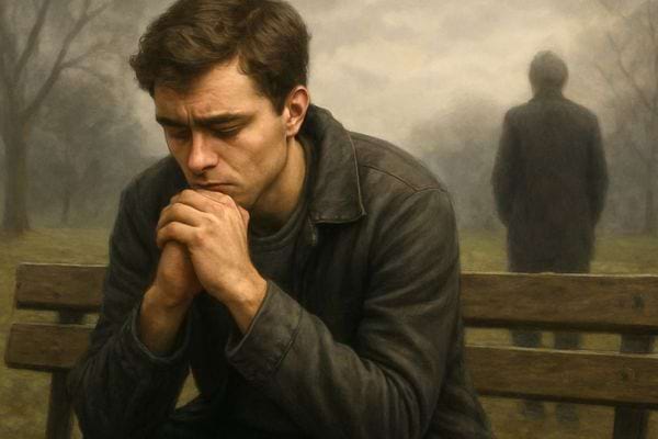 Un homme jeune assis sur un banc semble inquiet les mains jointes tandis qu une silhouette s eloigne au fond.