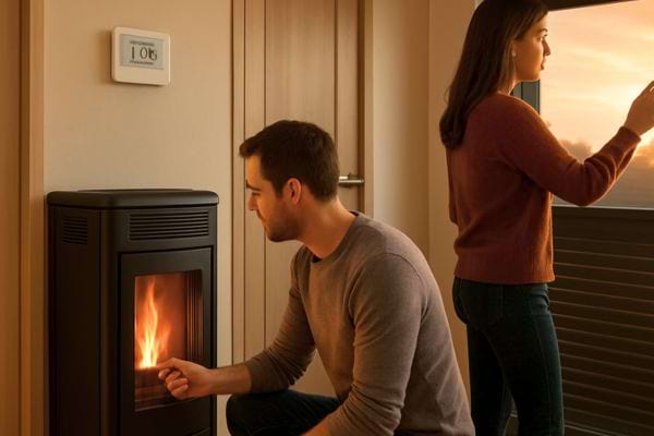 Un homme règle un poêle à pellets tandis qu’une femme ferme la fenêtre pour garder la chaleur.