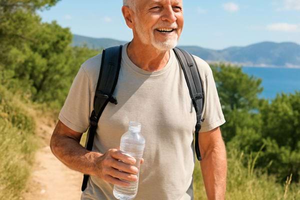 Homme age souriant en randonnee, tenant une bouteille d eau, representant une vie active et saine.