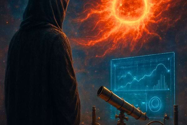 Une silhouette encapuchonnée observe une explosion solaire avec un écran holographique et un télescope.
