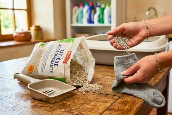 De la litière pour chat mis dans une chaussette pour faire un déshumidificateur maison