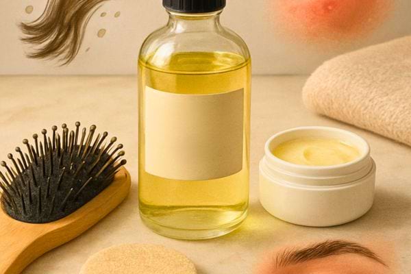 Bouteille d huile capillaire avec brosse a cheveux pot de creme et serviette en arriere plan.