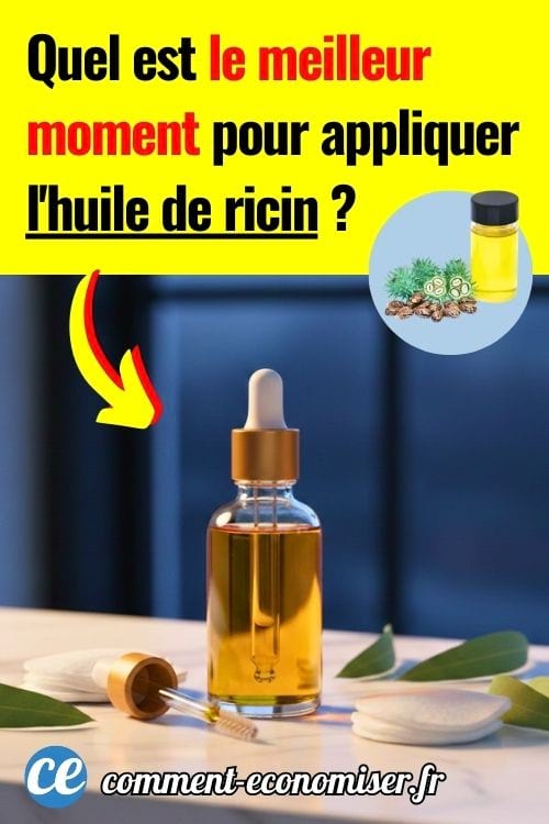 Un flacon d'huile de ricin sur une surface en marbre blanc, avec un ciel bleu derri&egrave;re une fen&ecirc;tre 