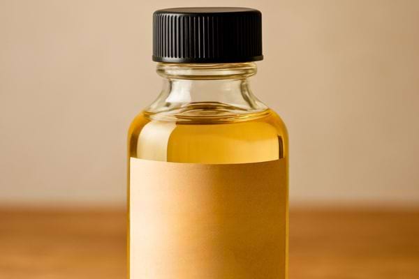 Petit flacon en verre transparent rempli d huile vegetale pose sur une surface en bois.