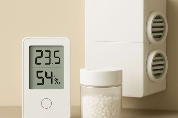 Appareil affichant temperature et taux humidite a cote dun boitier ventilation murale.