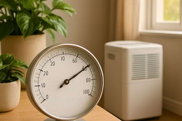 Un hygrometre mesure l’humidite dans une piece lumineuse.